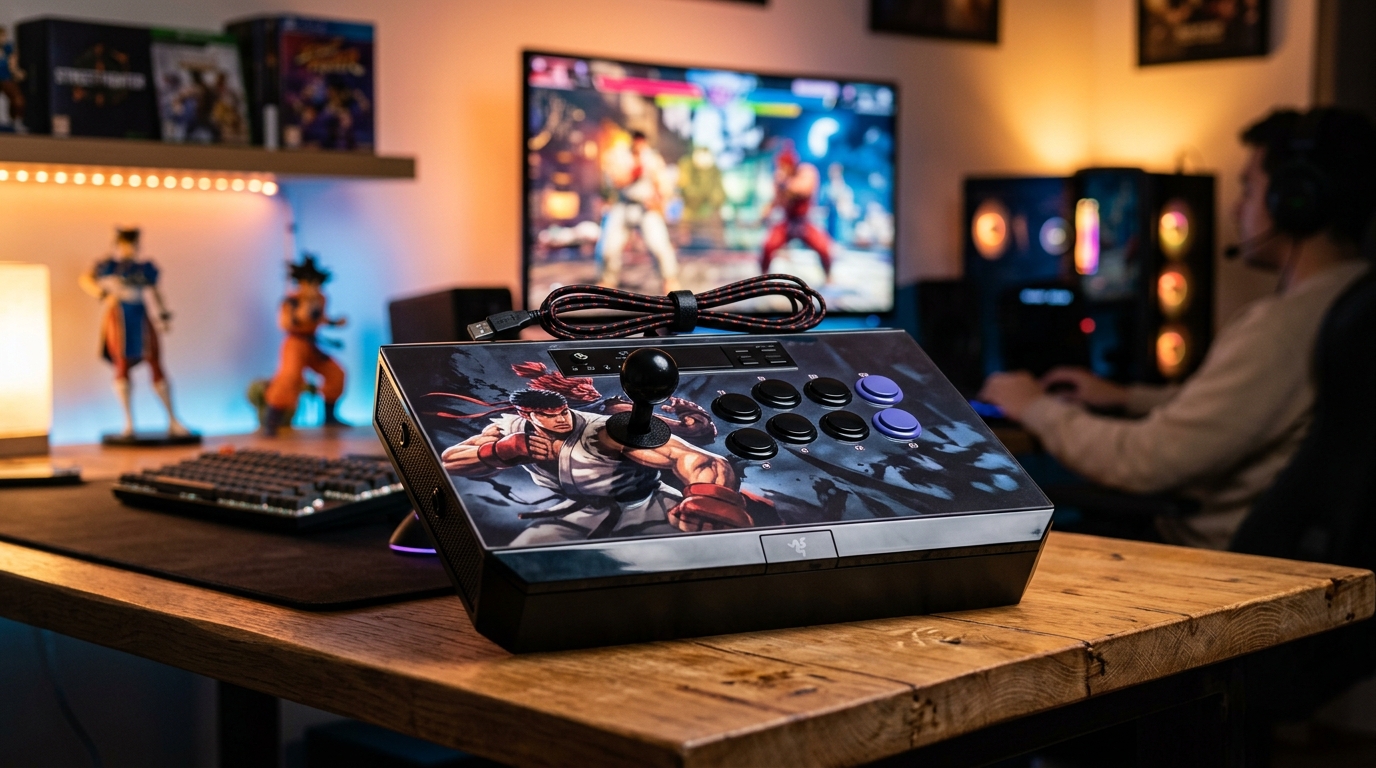 Arcade stick with detachable joystick, aluminum chassis, and Sanwa Denshi components.