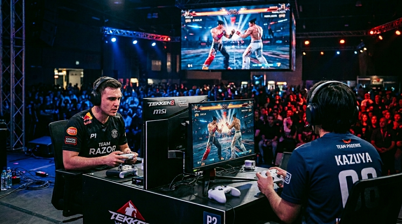 A player using a Hitbox leverless controller at a fighting game tournament.