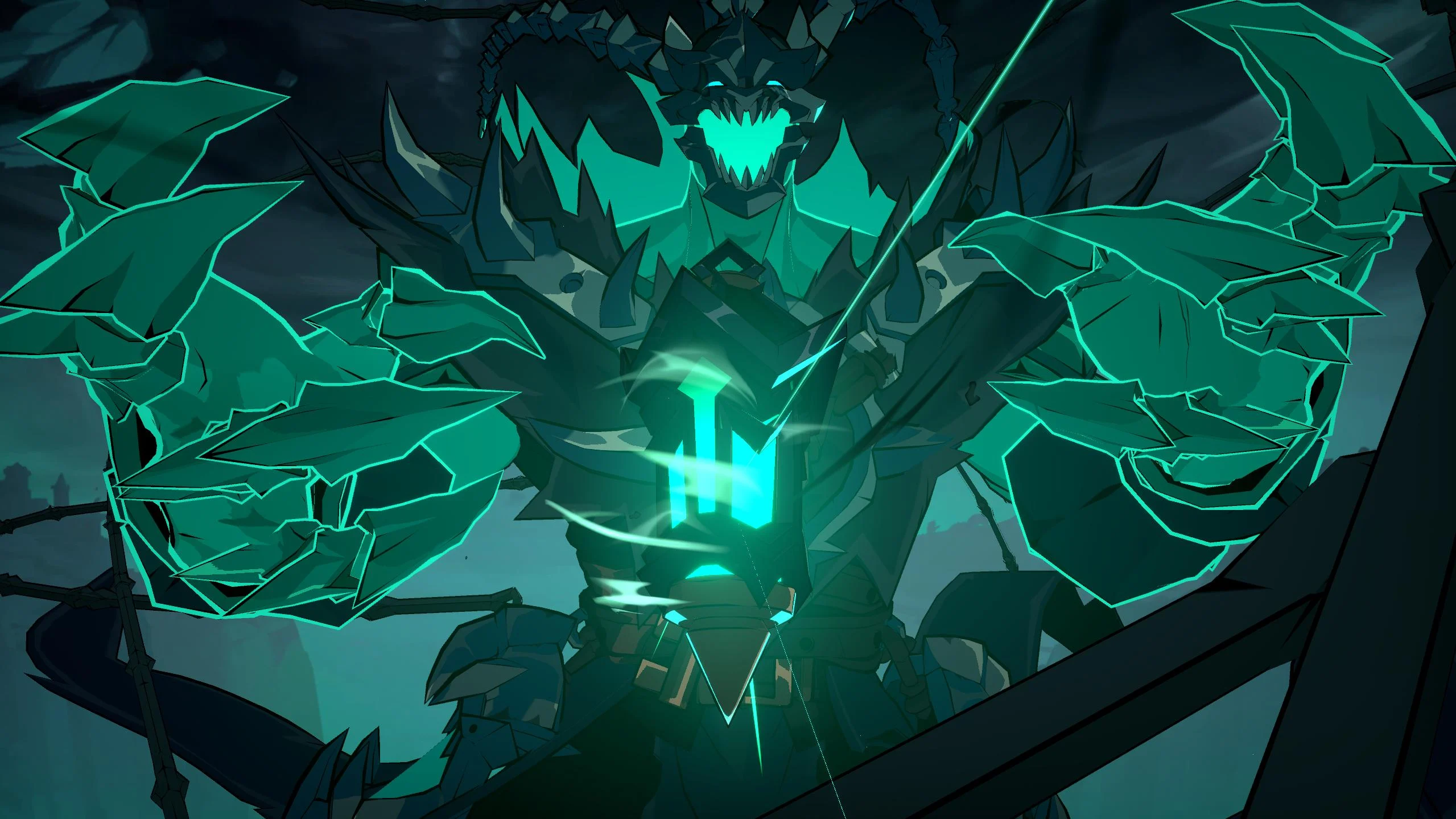 A dramatic 2XKO sequence featuring a massive spectral figure surrounded by glowing green energy.