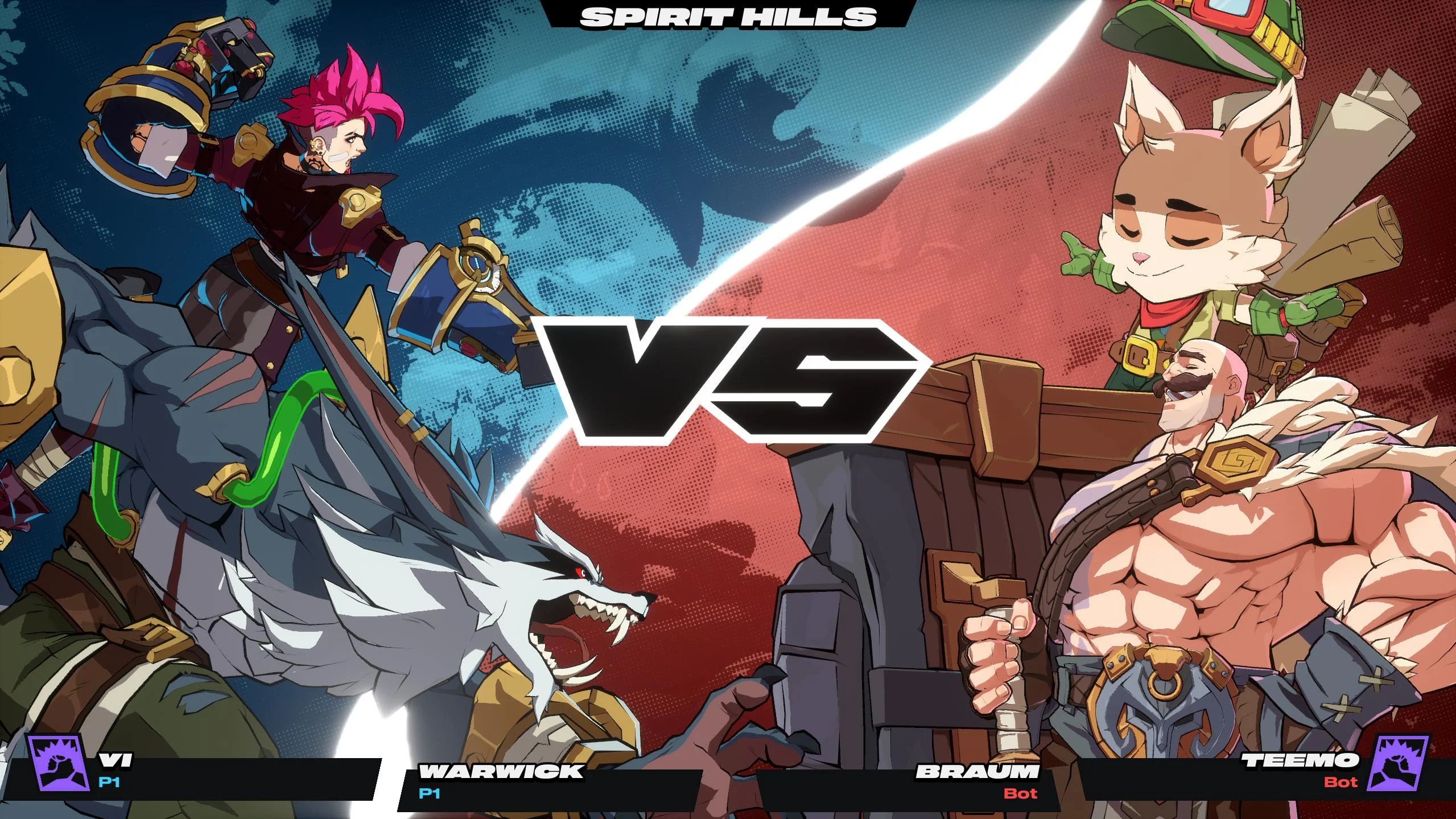 2XKO versus screen showing Vi and Warwick facing Braum and Teemo on the Spirit Hills stage.