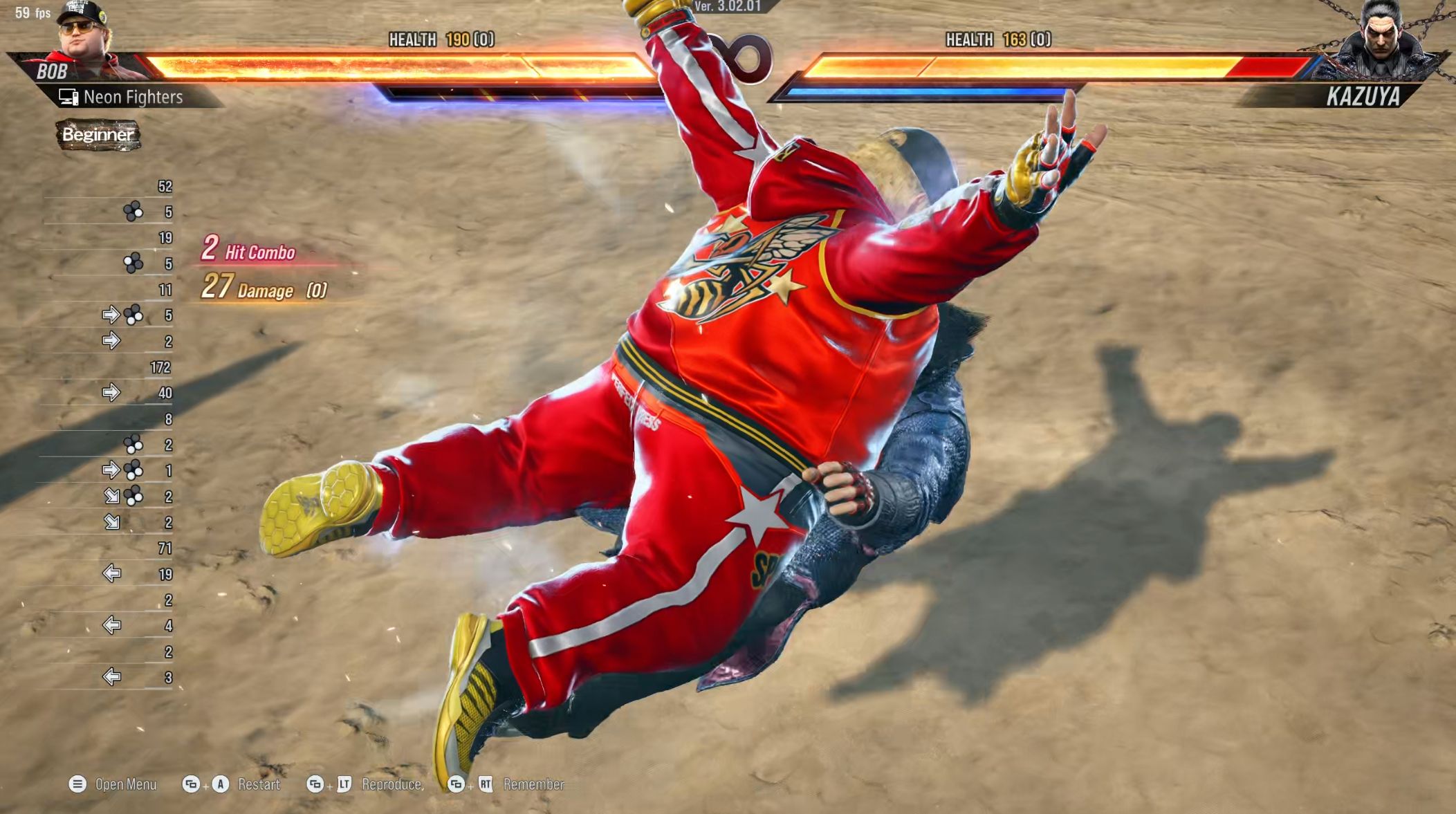 Bob performs a powerful close-range attack against Kazuya during Tekken 8 training mode