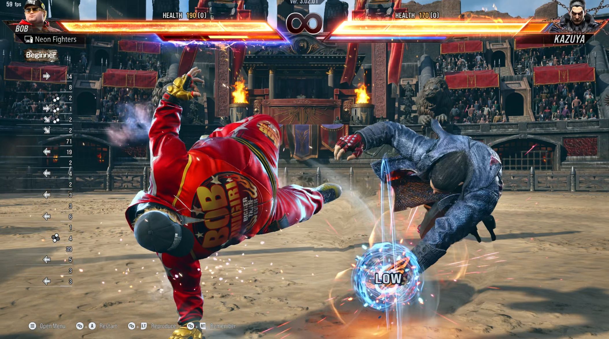 Bob hits Kazuya with a low spinning attack during a Tekken 8 gameplay demonstration.