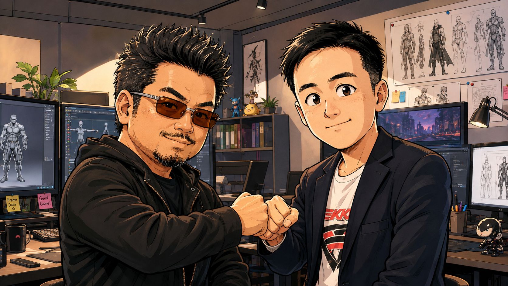 Illustrated caricatures of Katsuhiro Harada and Kohei Ikeda sharing a friendly bro-handshake inside a game development studio.