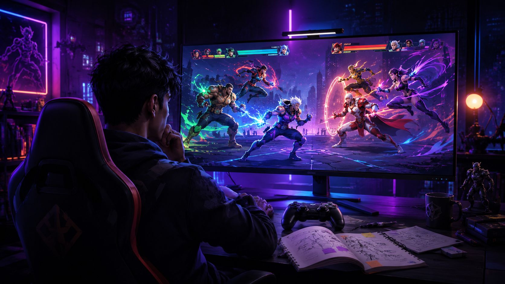 Player studying Marvel Tokon team strategies on a widescreen monitor in a neon-lit gaming setup