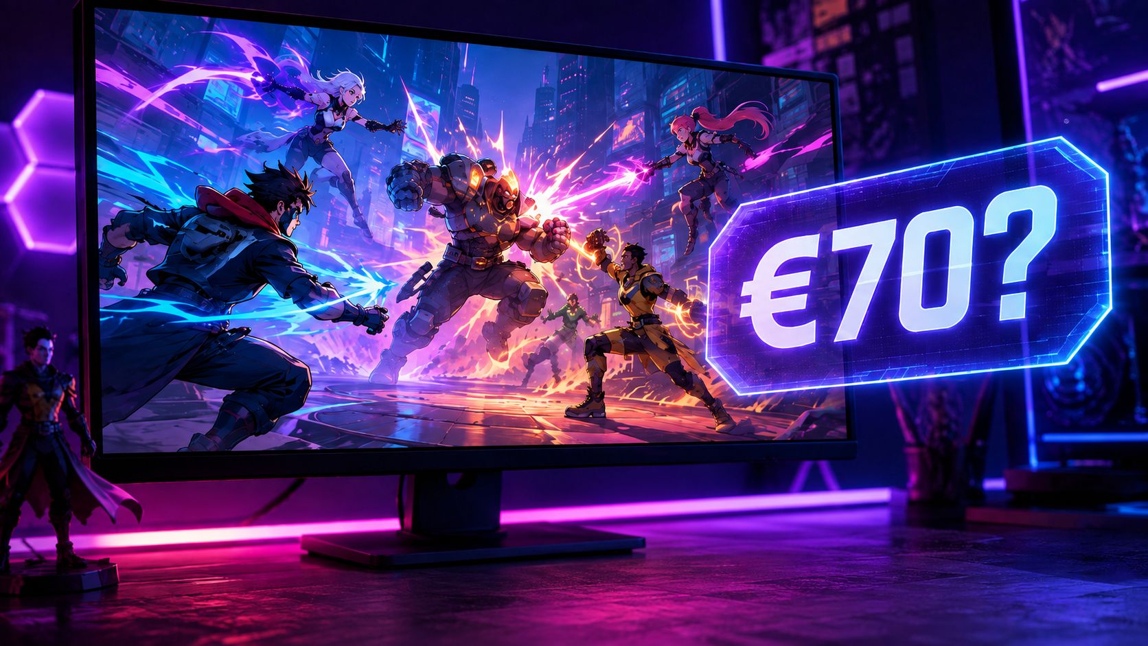 Marvel Tokon price question shown as €70 beside a neon gaming monitor displaying a team battle
