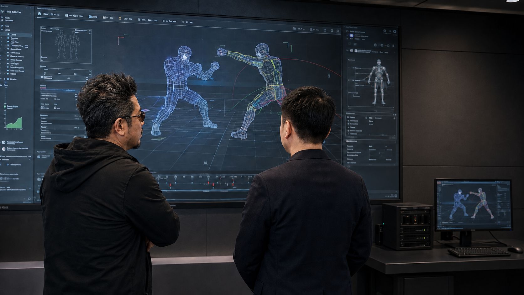 Primo piano di mani al lavoro su un tablet futuristico per sviluppare sistemi di combattimento e frame data di un prototipo di picchiaduro.