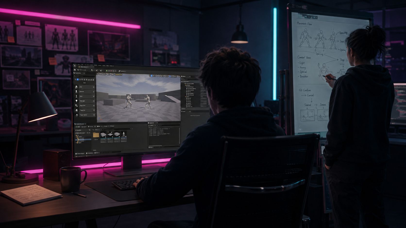 Developers working on an early fighting game prototype in a dark Neon Fighters-style game development workspace.