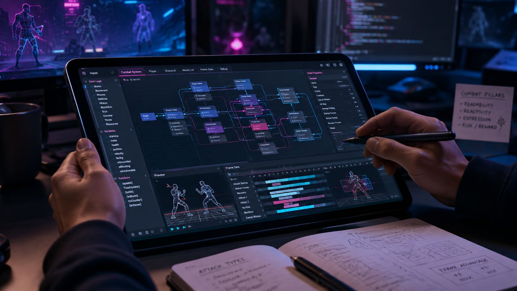 Close-up of hands using a futuristic tablet to develop combat systems and frame data for an early fighting game prototype.