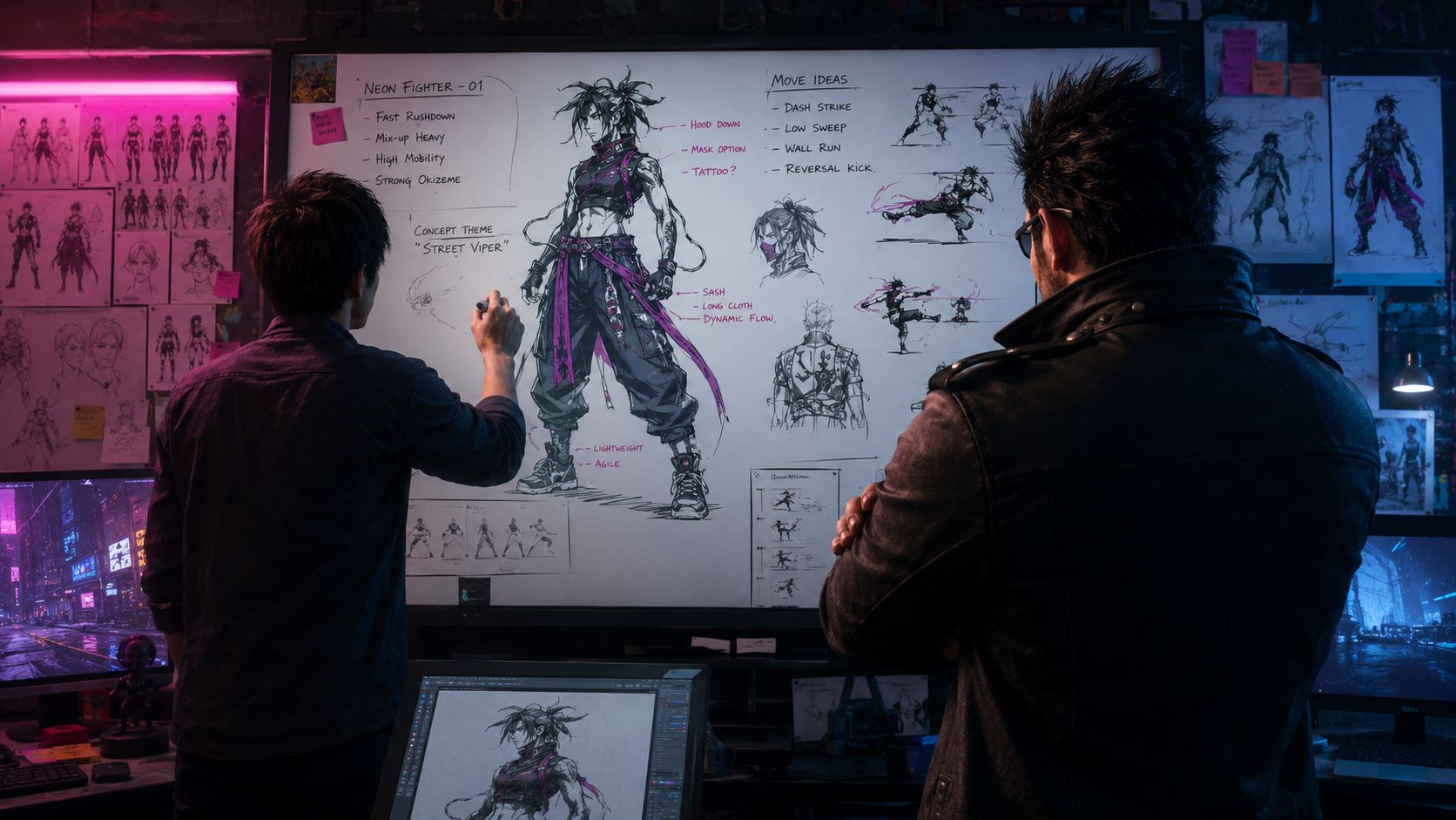 Game designers seen from behind developing an original fighting game character and moveset on a digital whiteboard.