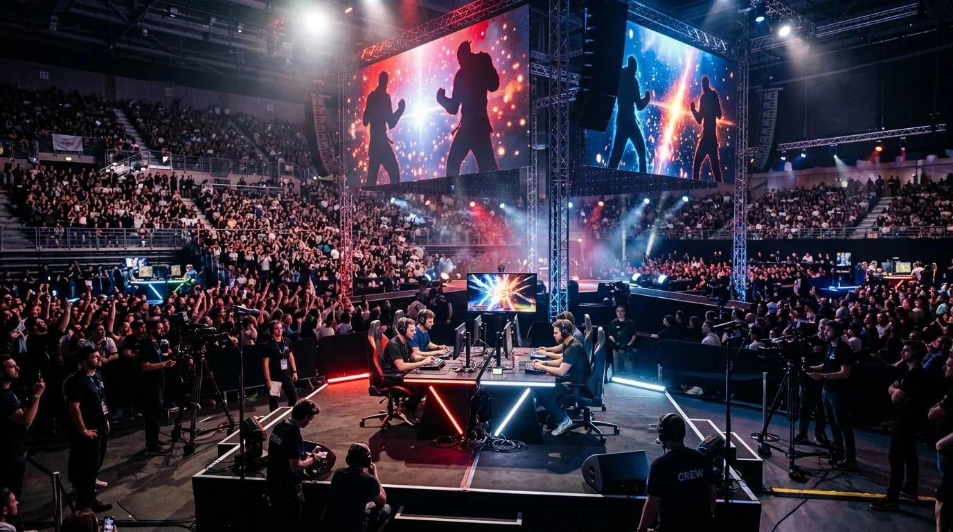 Professional fighting game players compete on the main stage in front of a packed crowd at a major European esports tournament standing for Evo France