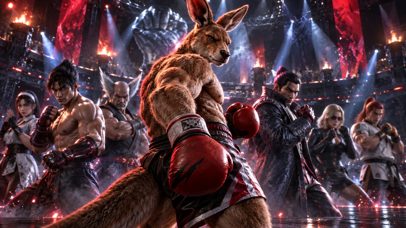 Roger Jr. stands among a lineup of serious martial artists, highlighting the eccentric side of the Tekken 8 character roster.