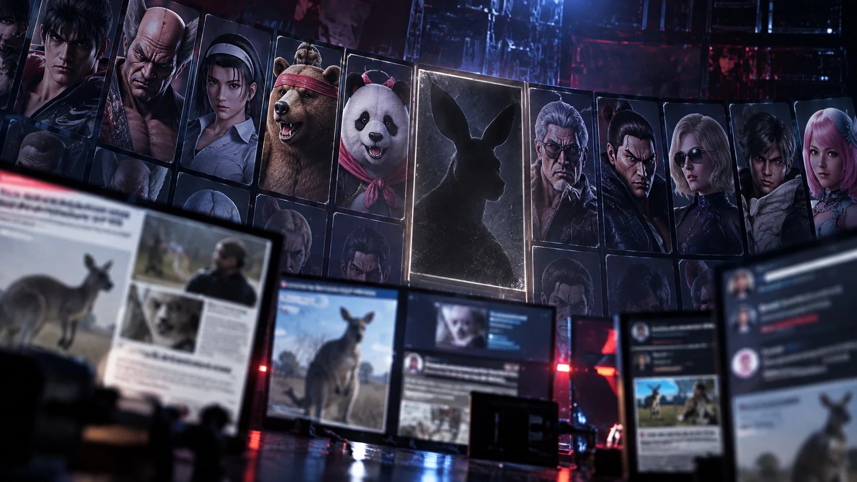 A mysterious kangaroo silhouette appears in an empty fighting game roster slot surrounded by news screens and online discussion.